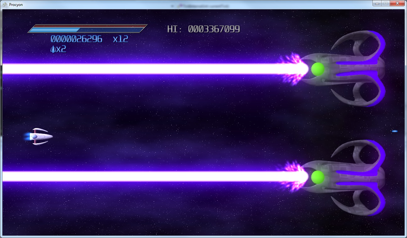 Screenshot from Procyon showing two medium ships shooting bright white and purple beams at the player, showing off the particle effect at the front