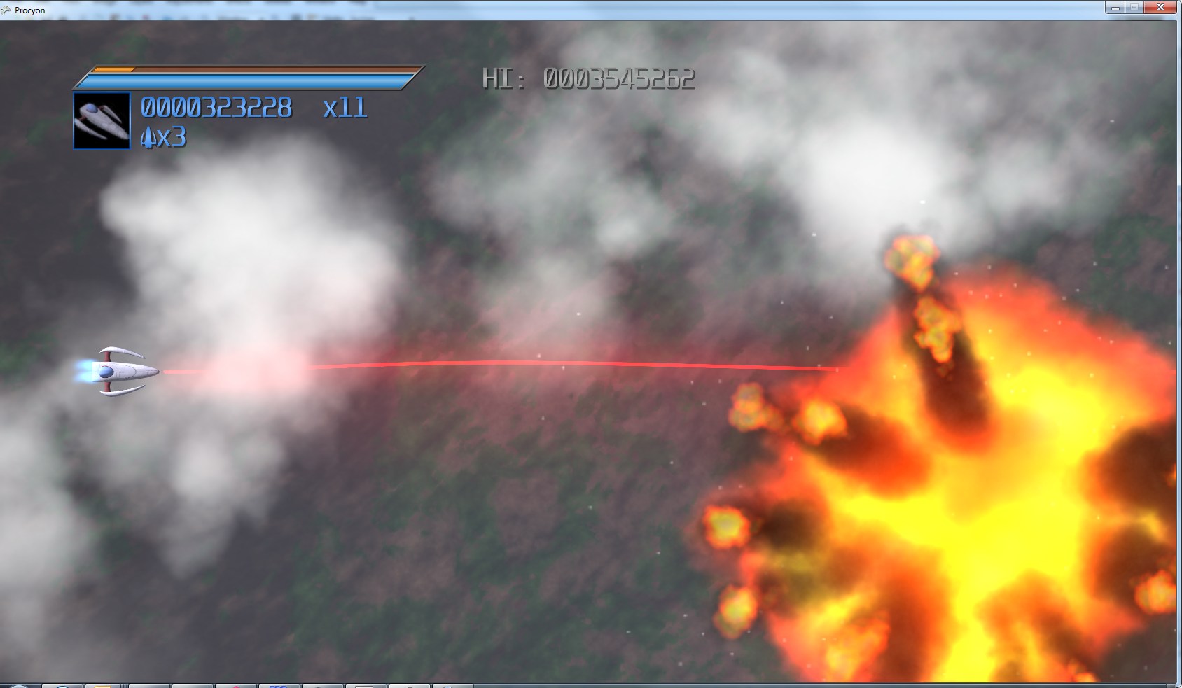 Screenshot from Procyon showing the player ship using a beam to destroy a ship, which is now just a giant fireball