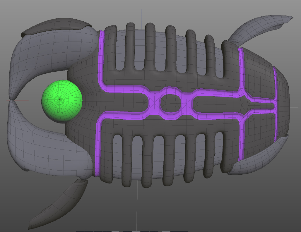 Screenshot from a 3D modeling program showing the same boss from the previous screenshot, but this time with some of the weapons hatches on it open