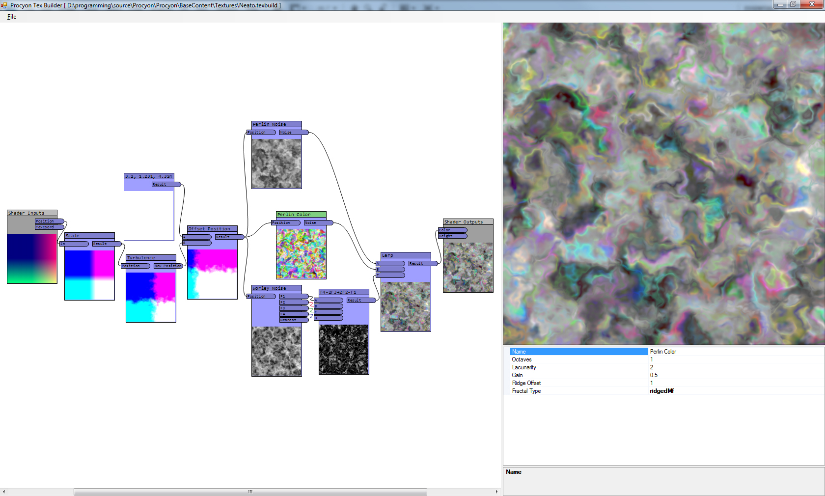 Another screenshot from the node-based texture editor, this one showing off a very turbulent, almost iridescent-looking texture