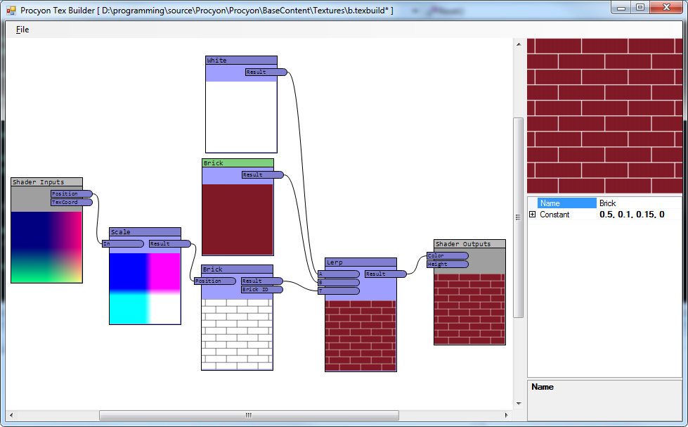 Screenshot from the image-based texture editor showing off a simple red brick texture generated using the above code