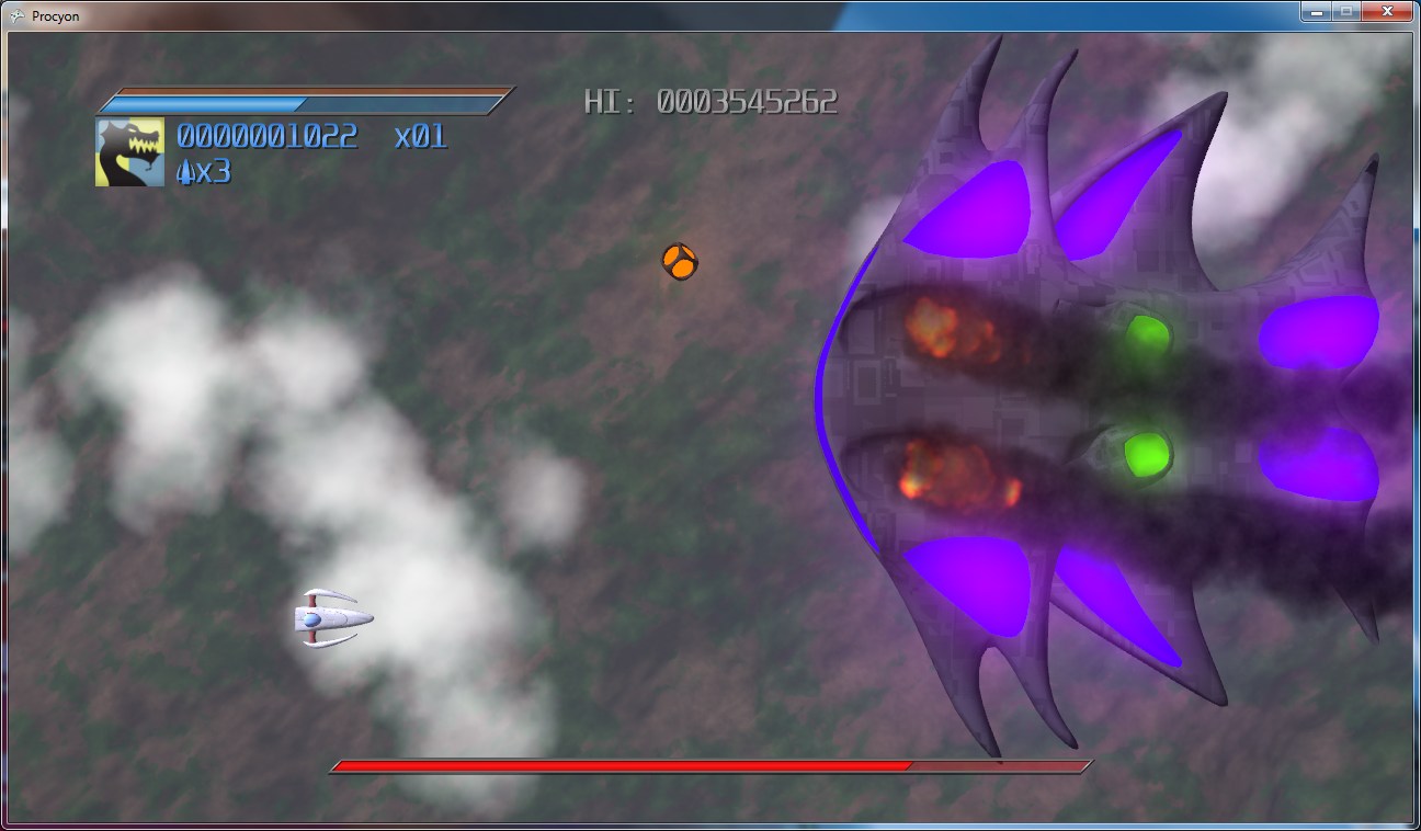 Screenshot from Procyon showing two plumes of smoke coming off of a large boss ship